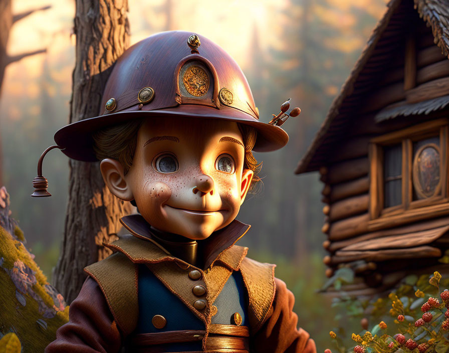 Whimsical forest scene with smiling boy in helmet and cabin