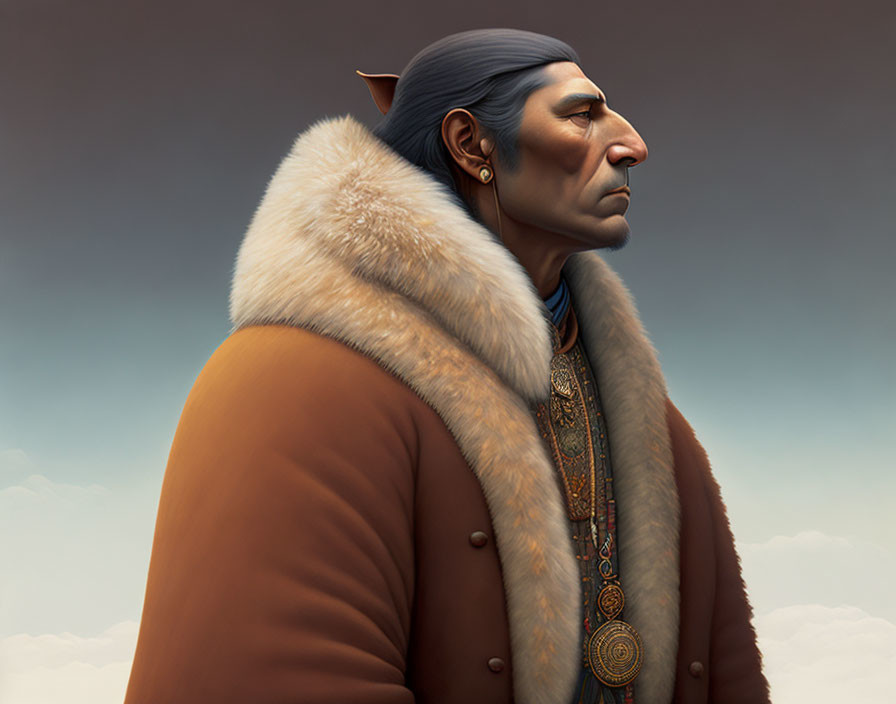 Stoic character with dark hair and elf-like ears in fur collar medallion against cloudy sky