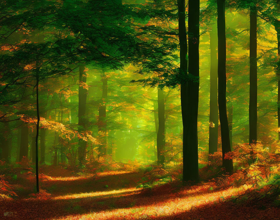 Verdant forest with sunlight piercing through tall trees