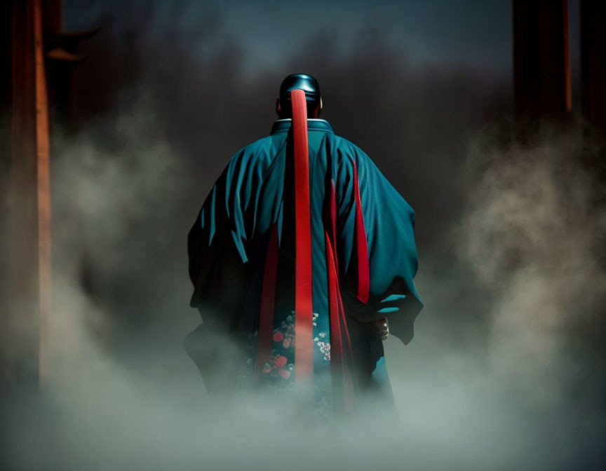 Traditional Japanese attire figure with katana in misty setting