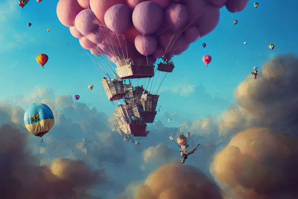 Colorful hot air balloons and floating structure with pink balloons in whimsical scene