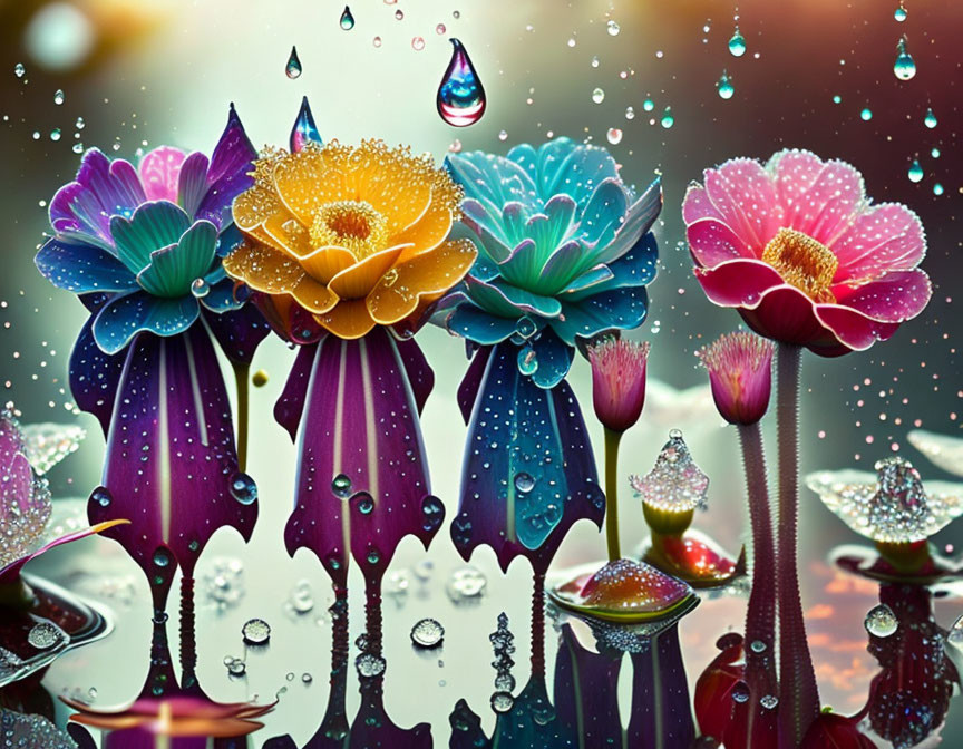 Colorful Flowers with Water Droplets in Dreamy Atmosphere