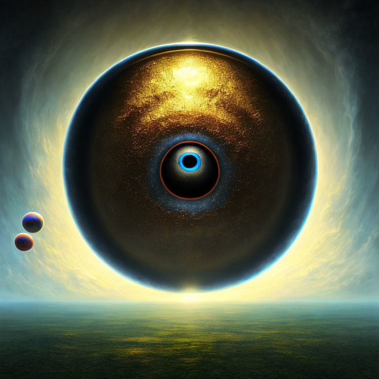 Surreal landscape with giant eye-like celestial body and planetary orbs in cosmic backdrop