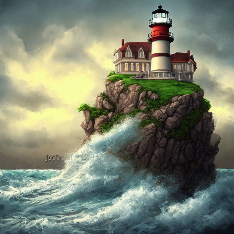 Stormy sky over picturesque lighthouse on craggy cliff