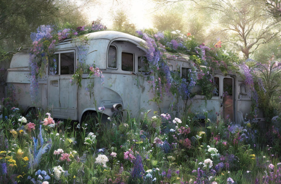 Abandoned bus overgrown with plants in colorful garden