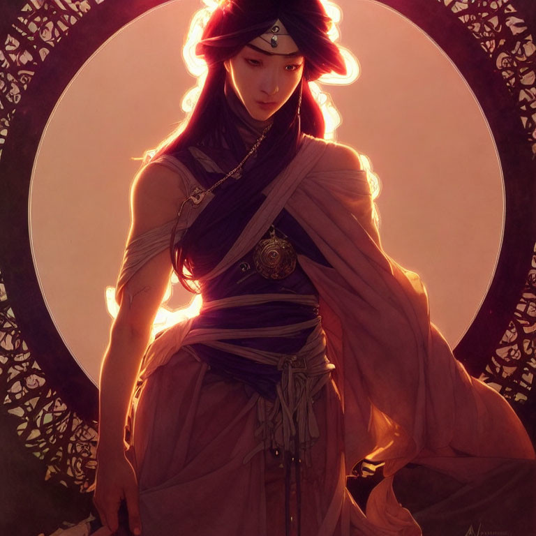 Illustrated female warrior with red headband and flowing garments