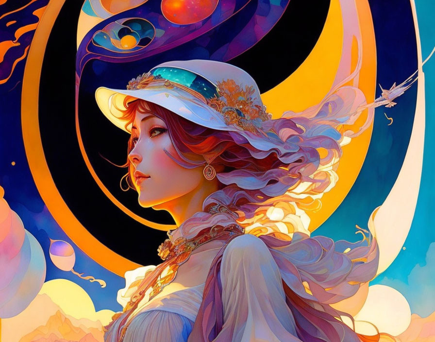 Illustration of woman with celestial-themed hat on sun and moon background