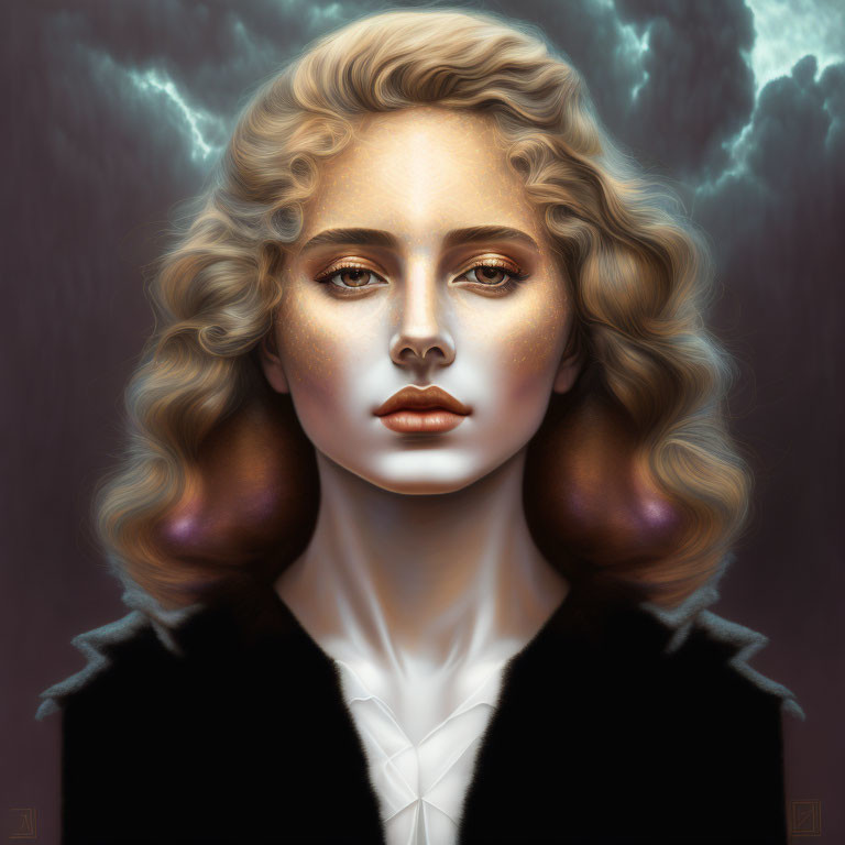 Blonde Woman in Dark Coat Against Stormy Sky