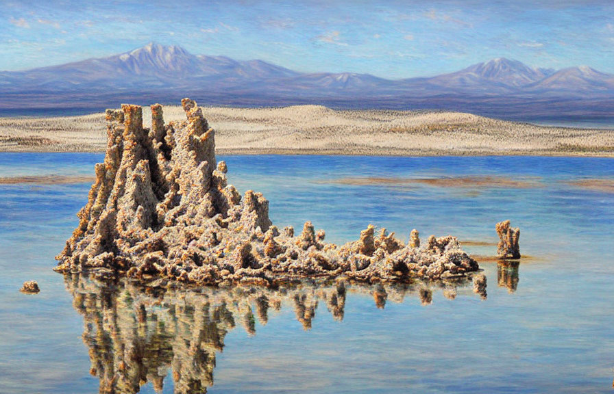 Tranquil landscape with salt formation in blue lake, desert, and mountains.