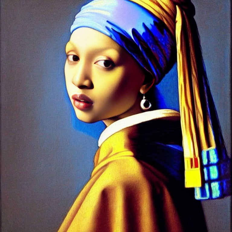 Stylized digital version of famous painting with young woman in blue headscarf