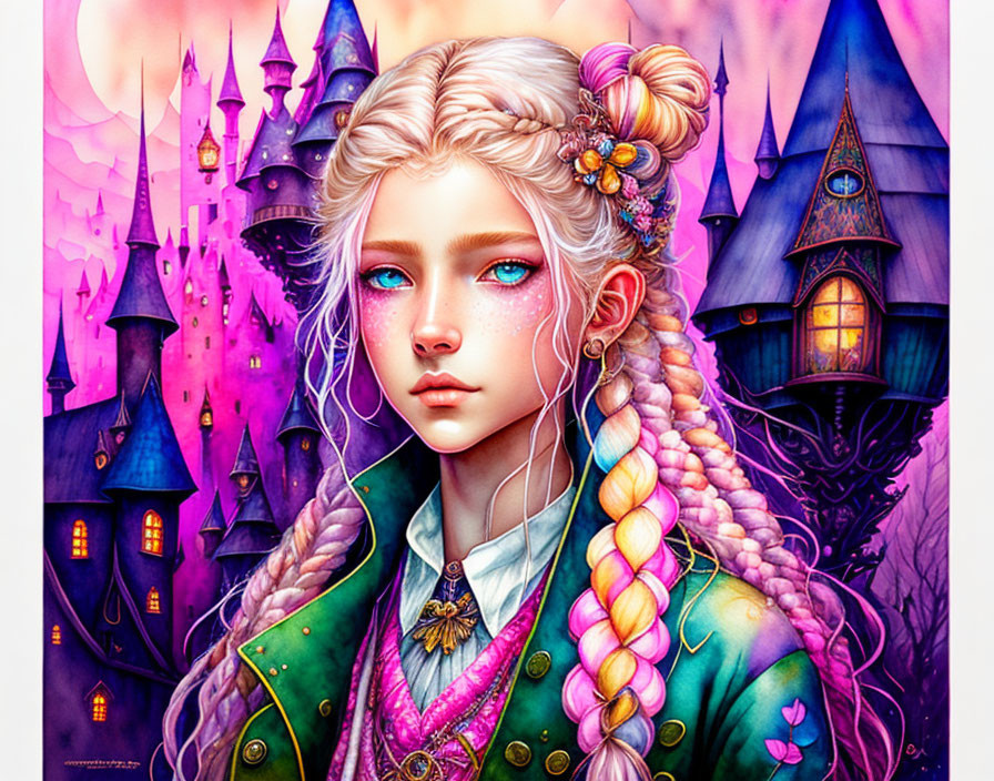 Portrait of young woman with white hair and blue eyes in mystical castle setting