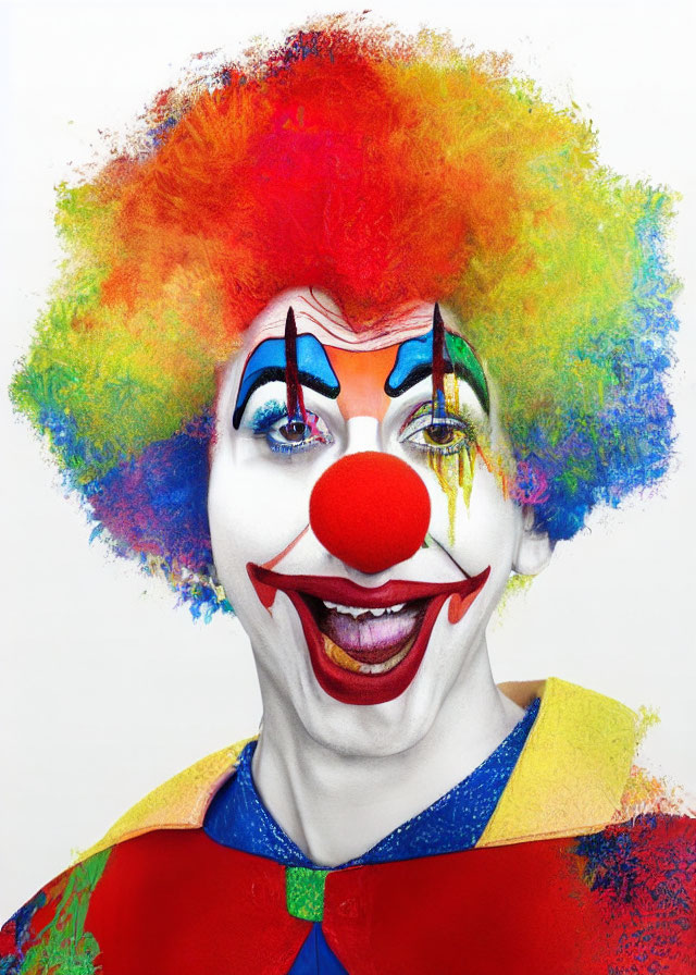 Colorful Smiling Clown with Frizzy Wig and Red Nose