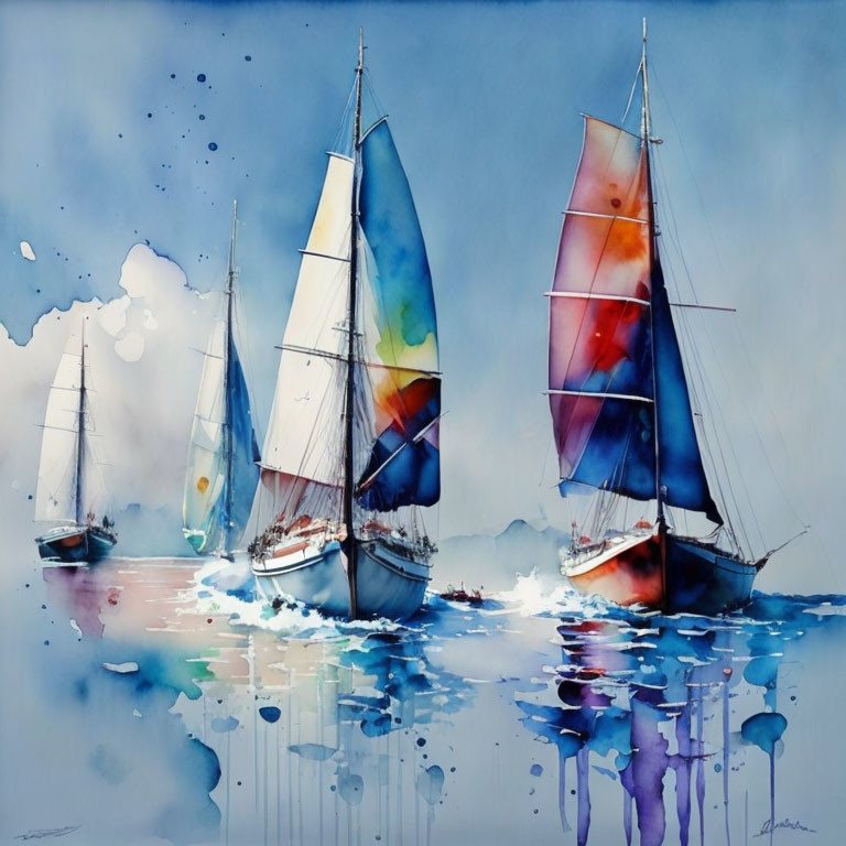 Colorful Sailboats Watercolor Painting: Vibrant Sails & Blue Water Reflections