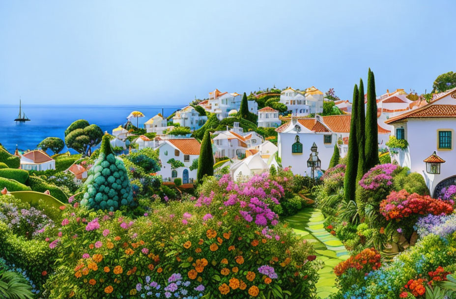 Scenic coastal village: vibrant flowers, white houses, terracotta roofs, lush greenery,