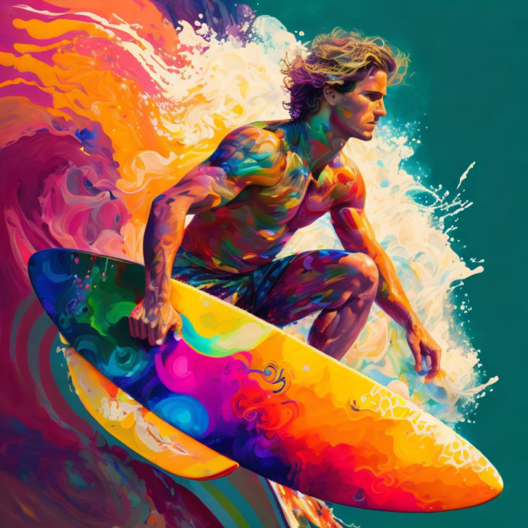 Colorful digital artwork of a surfer riding a wave on a vibrant surfboard