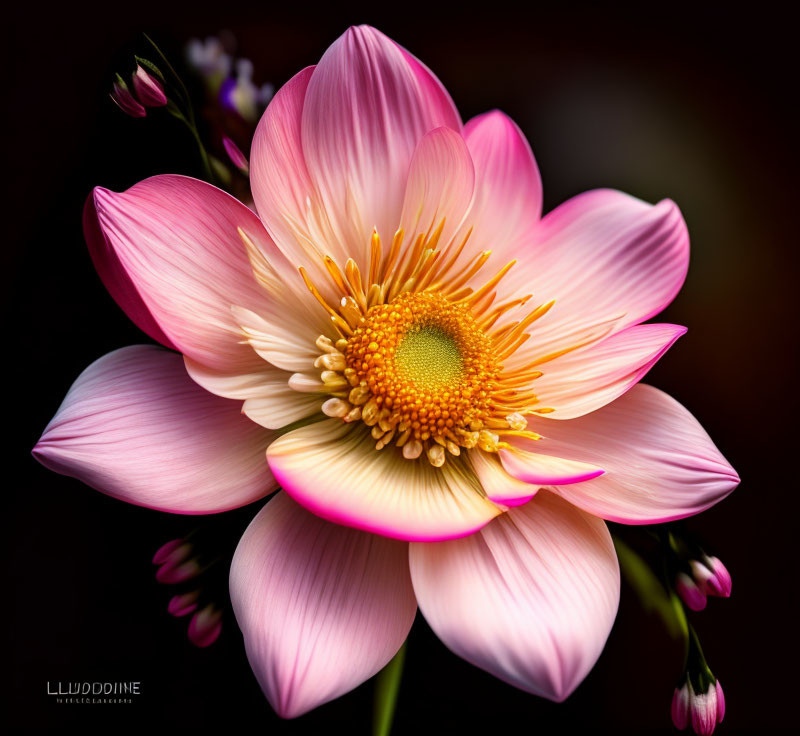 Vibrant pink and white flower with yellow center and unopened buds on dark background