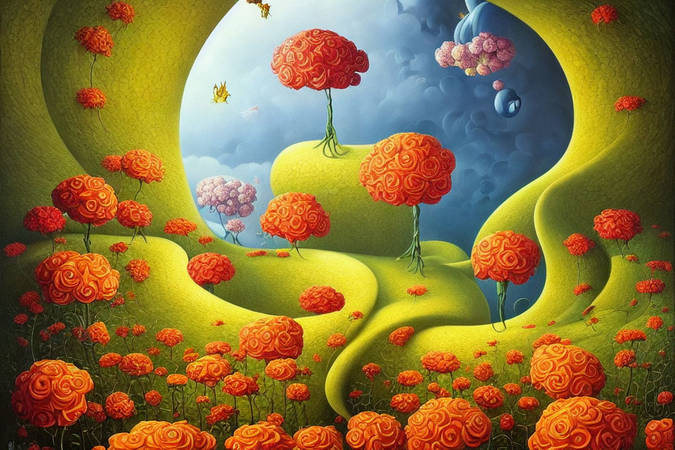 Vibrant surreal landscape with flower-shaped hills and circular sky.