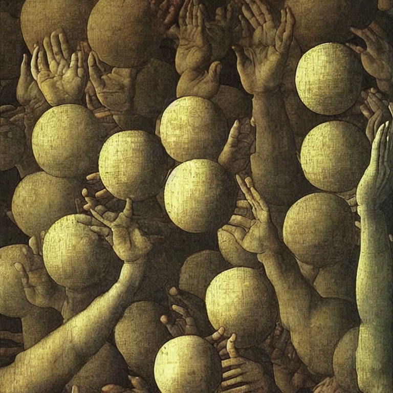 Multiple hands reaching for golden sphere in sepia-toned Renaissance art