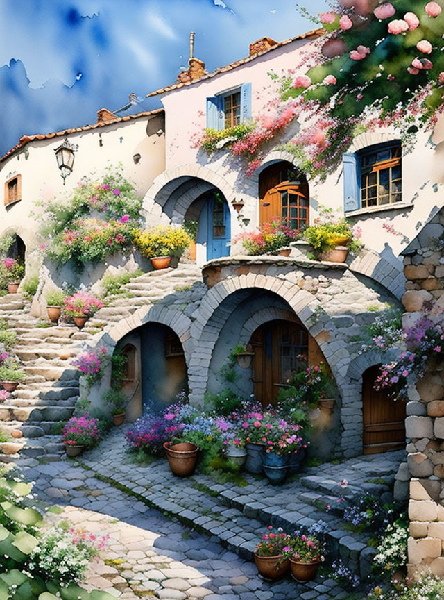 European-style stone street with colorful flowers and quaint houses under blue sky