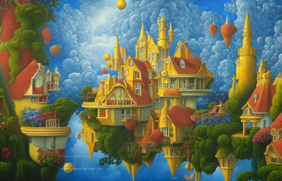 Whimsical painting of floating island with castle reflected in calm water