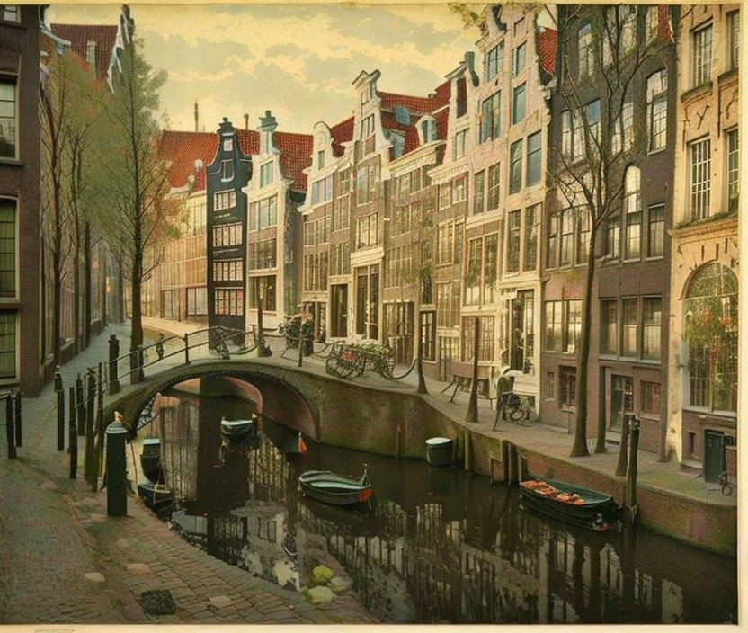Historic buildings and bicycles line serene Amsterdam canal with boats