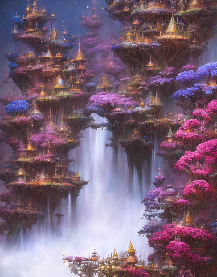 Mystical floating city with golden pagodas, pink and purple trees, mist, and water