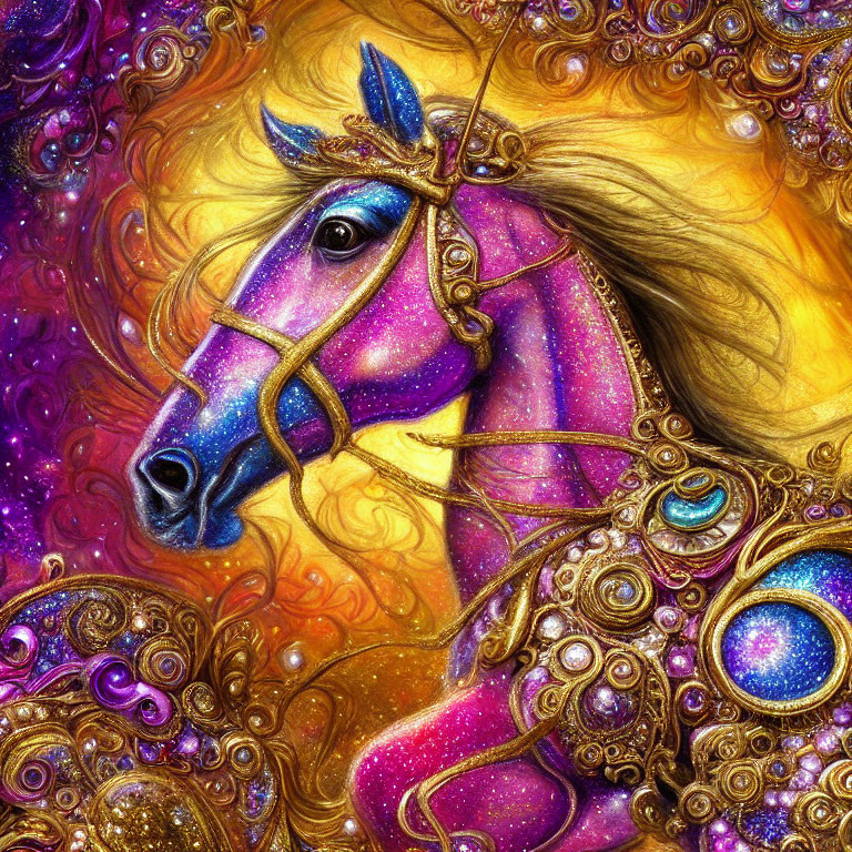 Colorful horse painting with purple and gold palette on cosmic background