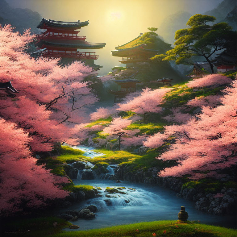 Japanese buildings and cherry blossoms by a stream in serene landscape