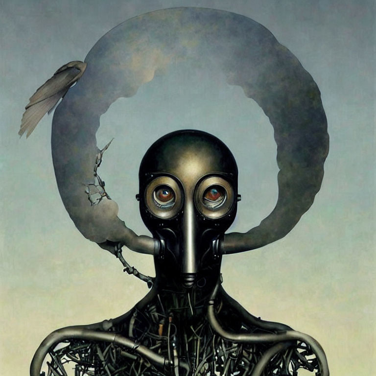 Surreal artwork: humanoid figure with gas mask head, cracked halo, bird perch