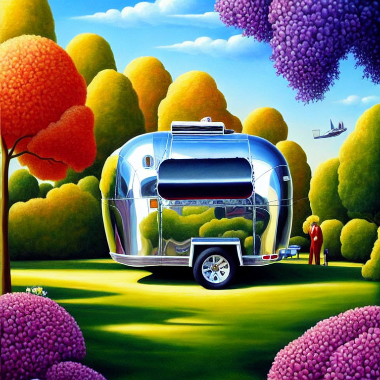 Colorful Retro-Futuristic Trailer in Vibrant Landscape