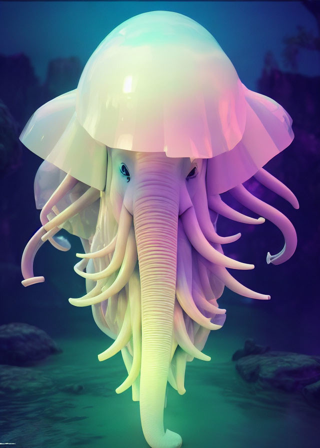 Surreal image: Elephant head on jellyfish body in misty underwater scene