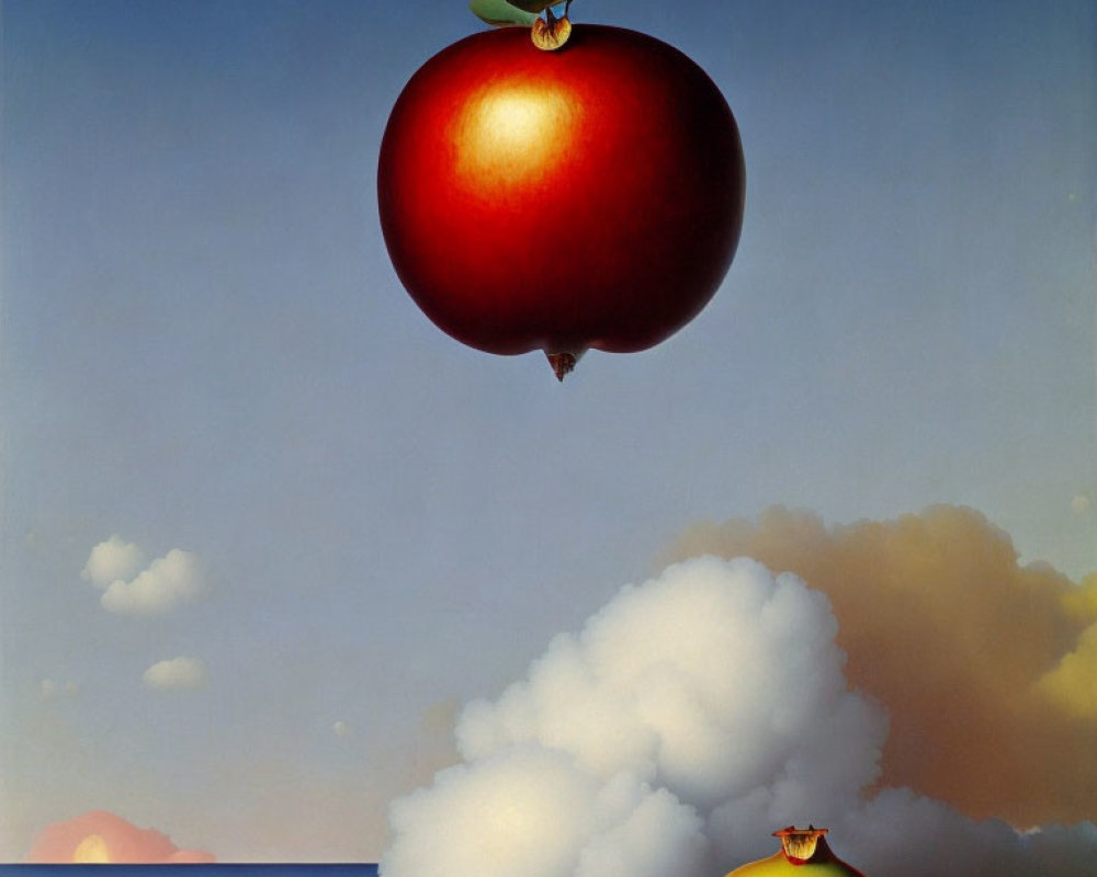 Surreal painting of red apple floating above clouds