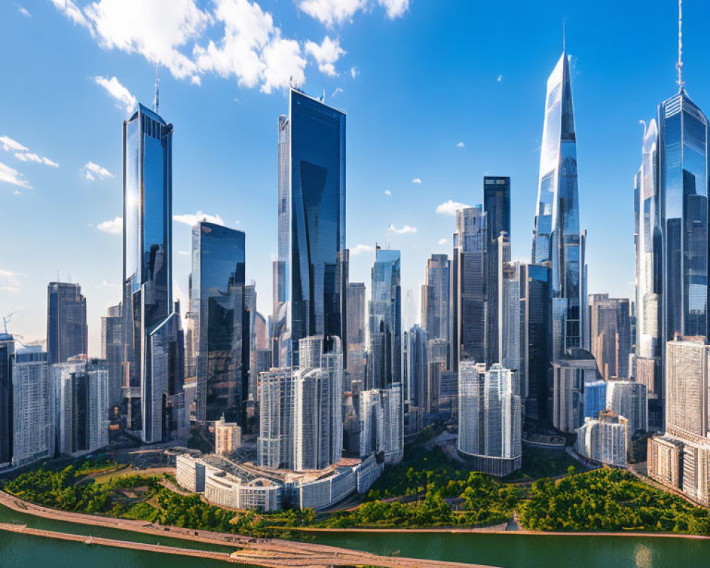 Modern city skyline with gleaming skyscrapers, waterfront, and green spaces.