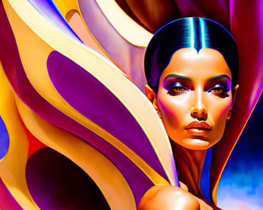 Sleek hair and bold makeup in vibrant purple and yellow swirls