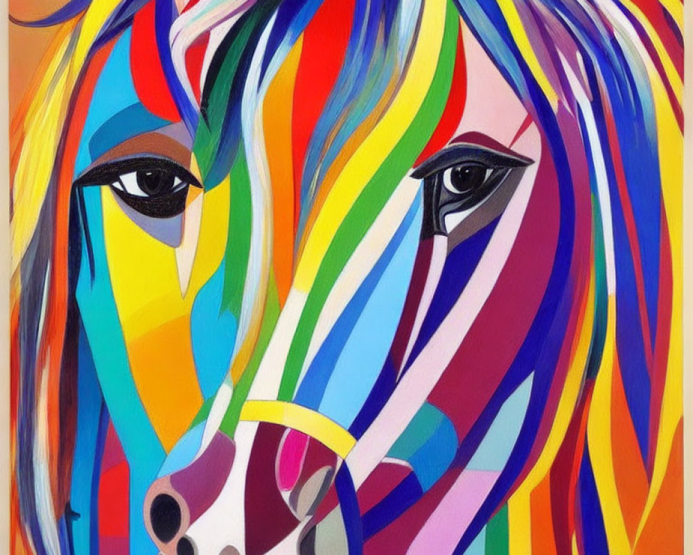 Abstract Rainbow Striped Horse Painting with Soulful Eyes