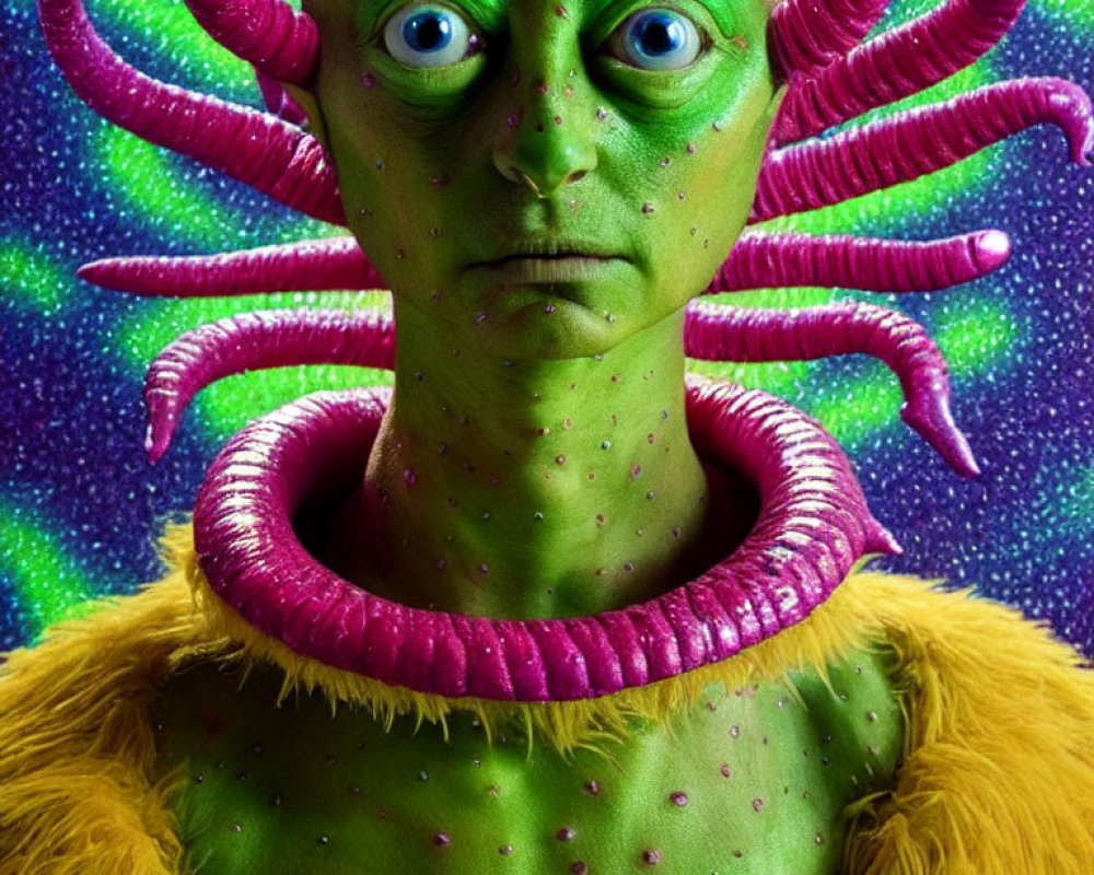 Colorful Costumed Character with Green Skin and Purple Tentacles on Starry Background