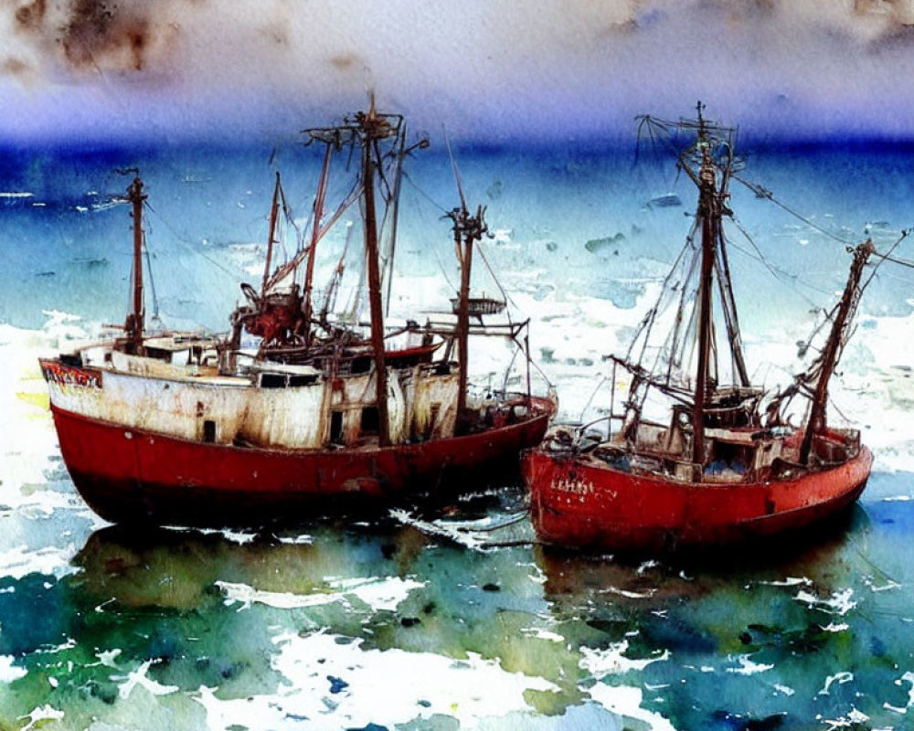 Rustic fishing boats on choppy sea in vibrant watercolor