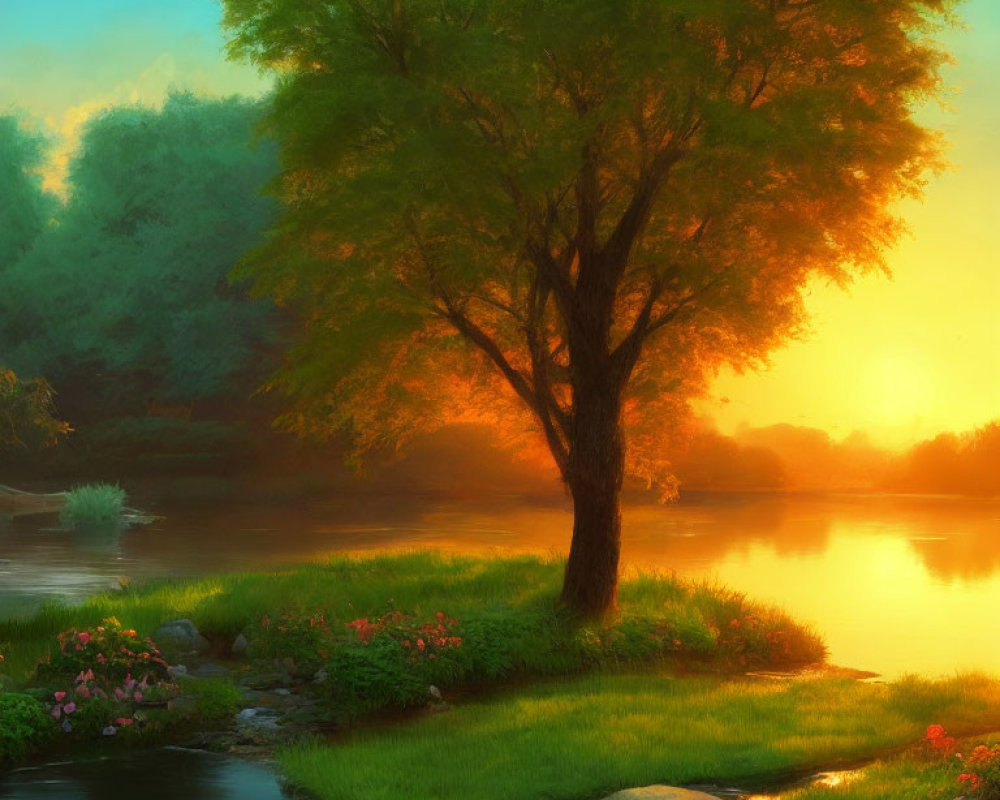 Tranquil sunrise landscape with green tree, river, flowers, and sunlight