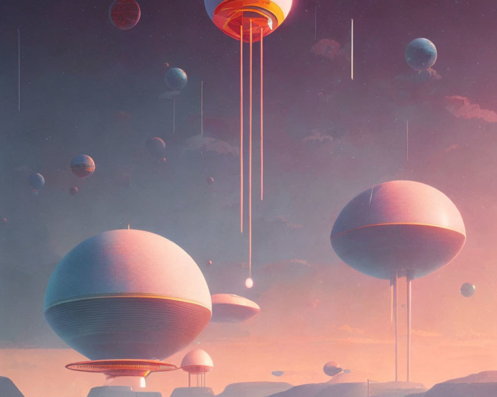 Spherical structures with beams hover in pink sky over subdued landscape