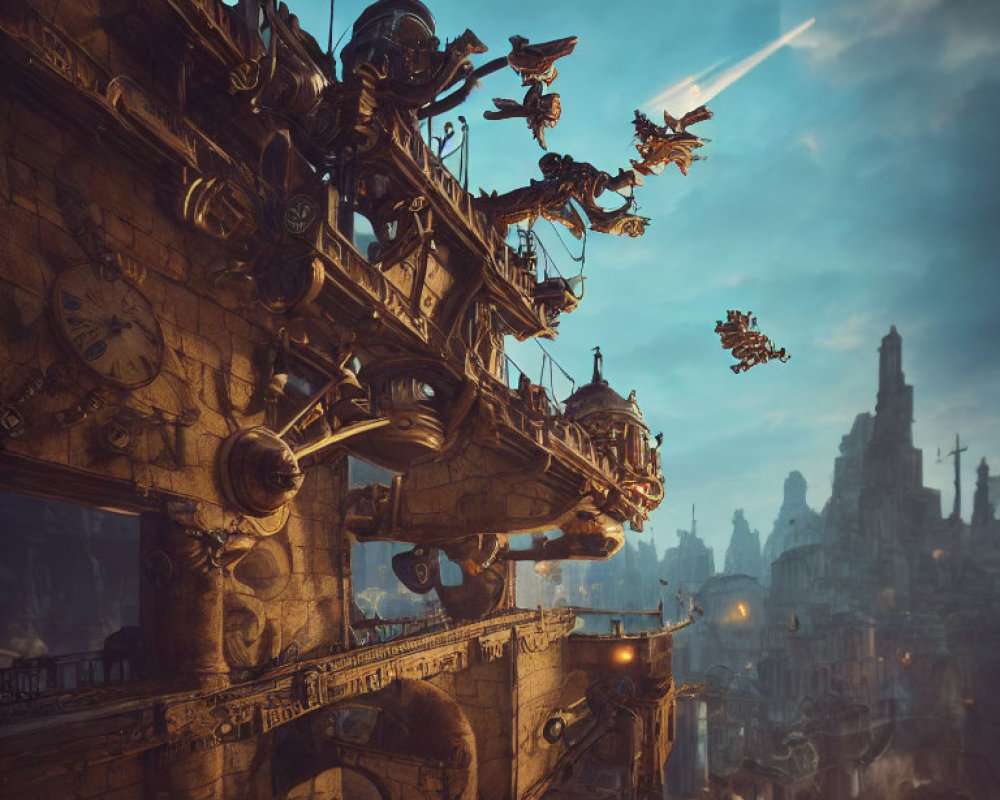 Detailed steampunk cityscape with flying machines and comet in hazy blue sky