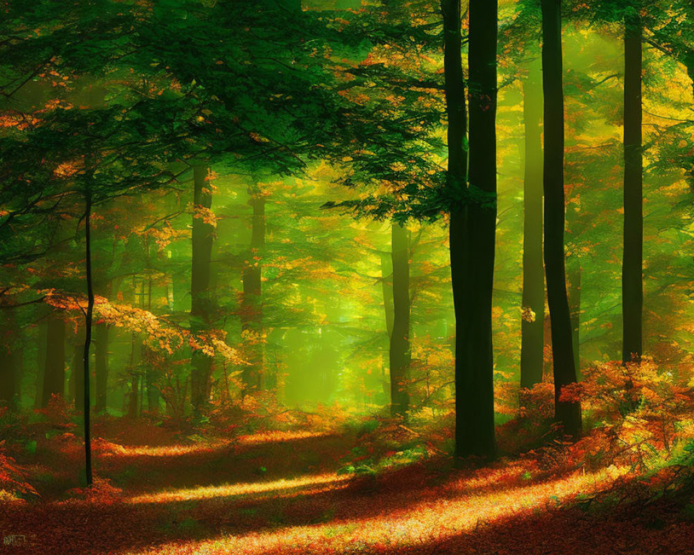 Verdant forest with sunlight piercing through tall trees