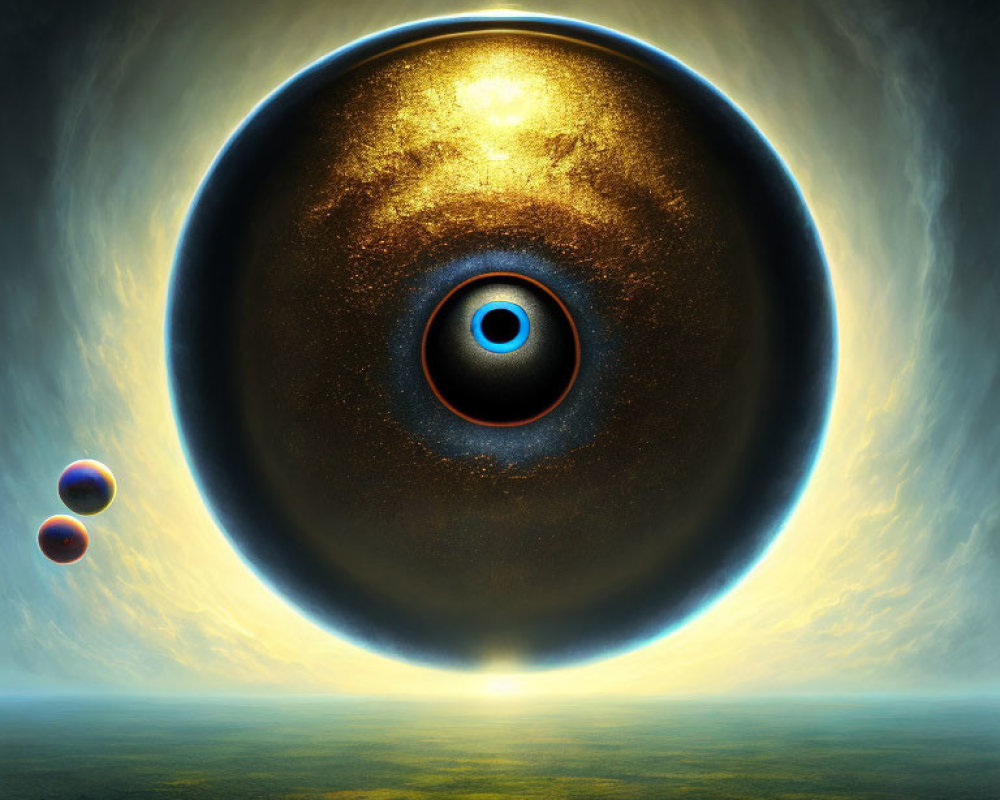 Surreal landscape with giant eye-like celestial body and planetary orbs in cosmic backdrop