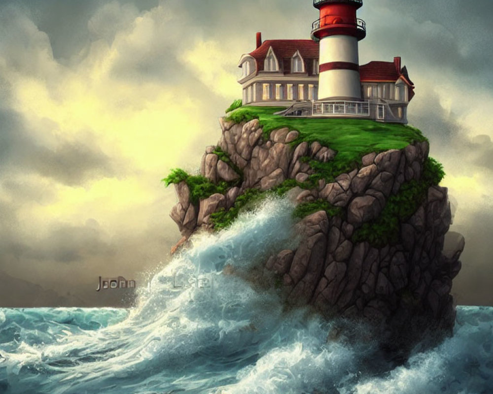 Stormy sky over picturesque lighthouse on craggy cliff