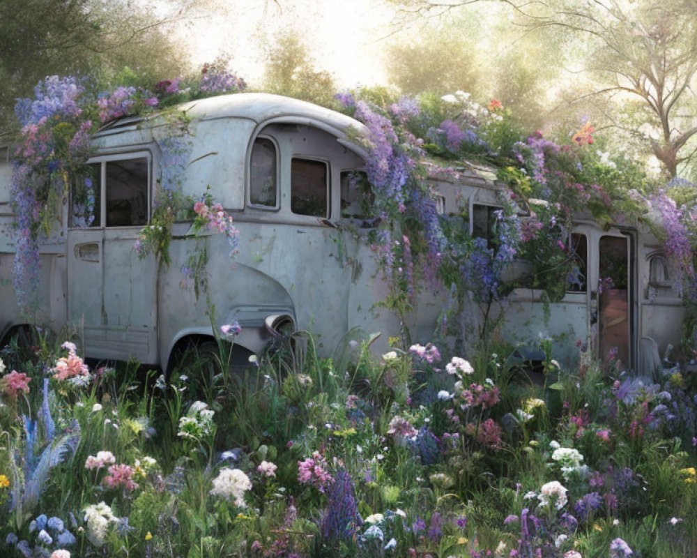 Abandoned bus overgrown with plants in colorful garden