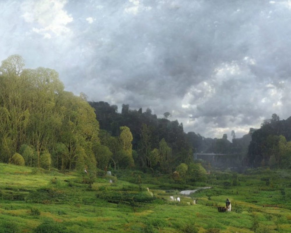 Scenic landscape with church spire, sheep, trees, waterfall, and cloudy sky