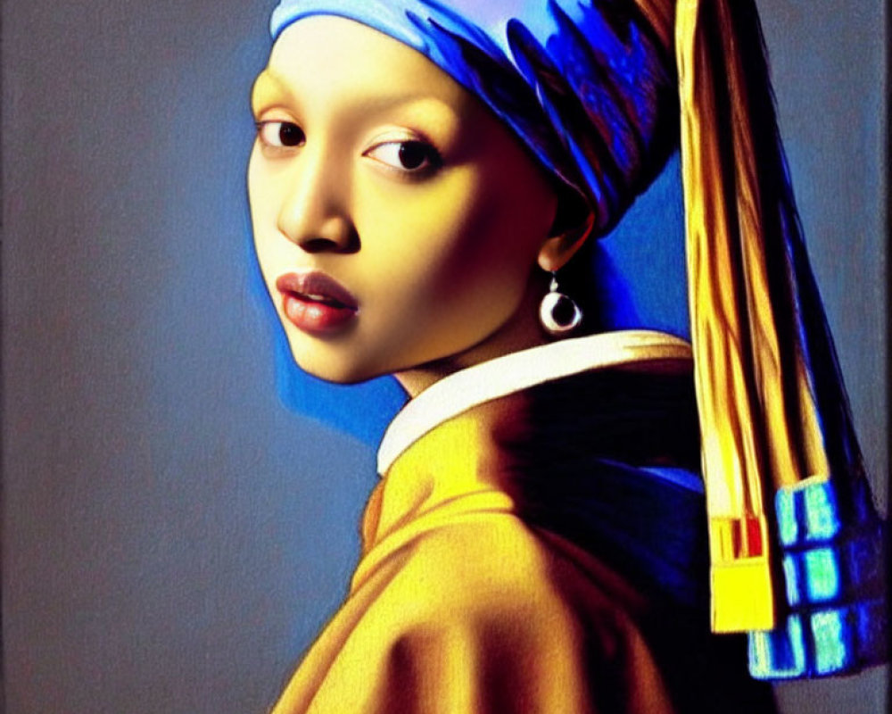 Stylized digital version of famous painting with young woman in blue headscarf