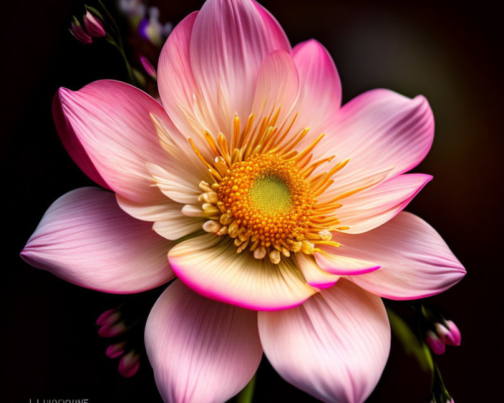 Vibrant pink and white flower with yellow center and unopened buds on dark background