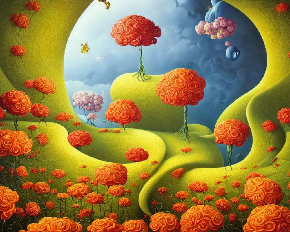 Vibrant surreal landscape with flower-shaped hills and circular sky.