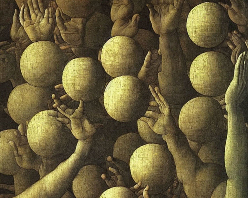 Multiple hands reaching for golden sphere in sepia-toned Renaissance art