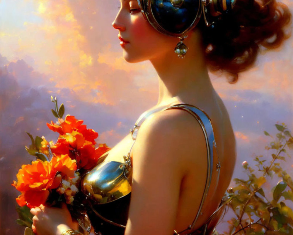 Futuristic woman in metallic attire with orange flowers against warm backdrop